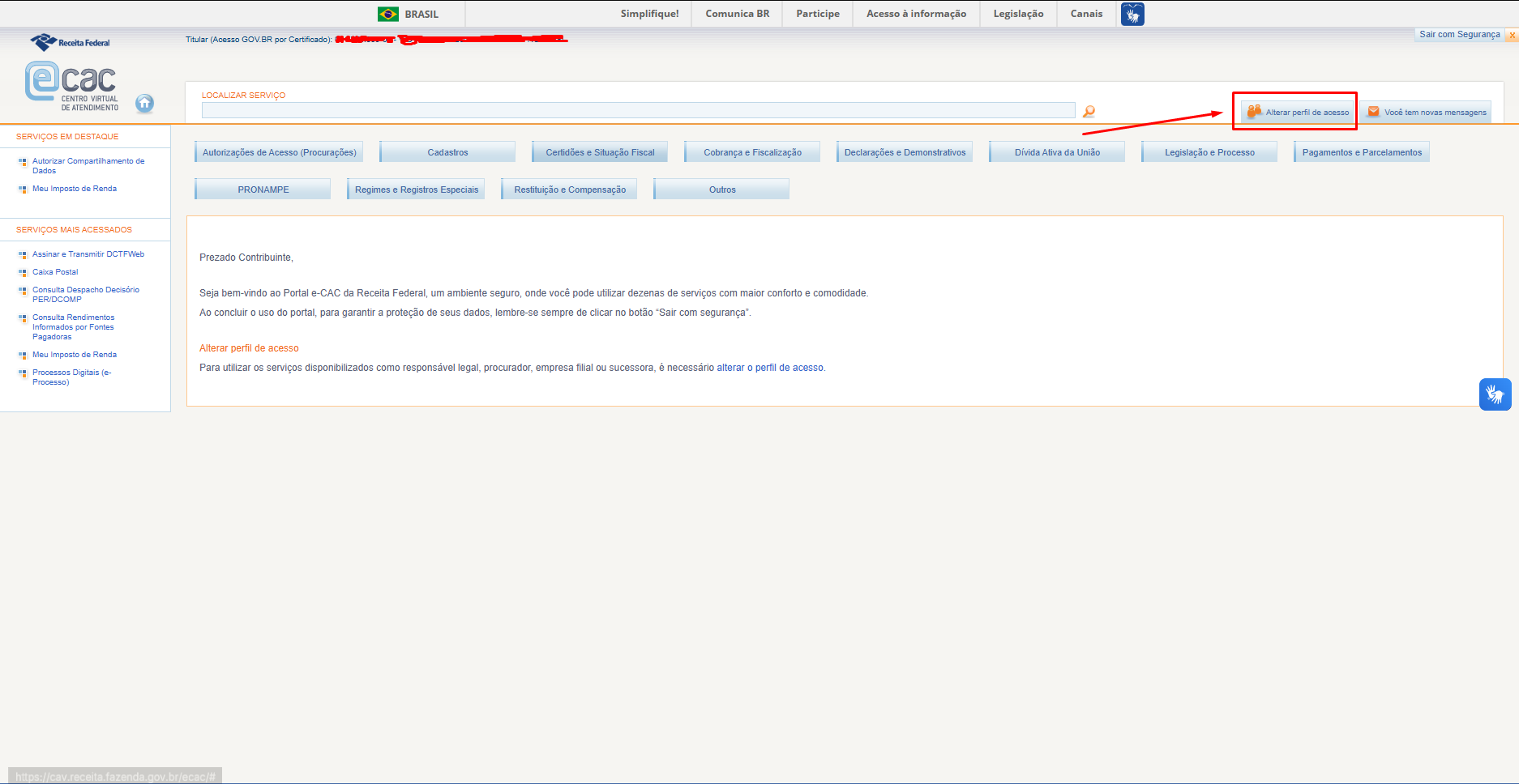 Tela do e-CAC mostrando Alterar Perfil de Acesso